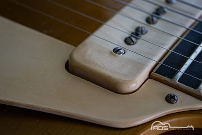 Close-up of a guitar's neck and fretboard with a blurred background